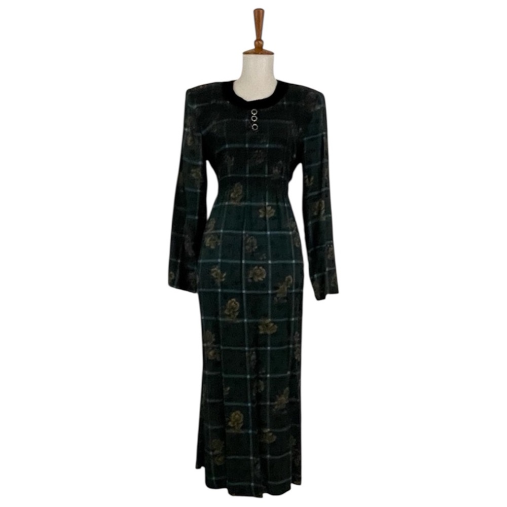 90s Floral Plaid Dress Women’s 12‎ Vintage Long Sleeve Crew Neck Smocked Maxi